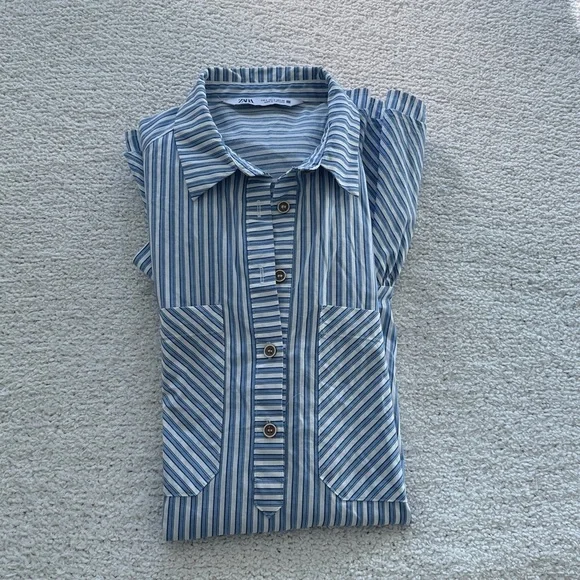 Zara Blue and Cream Striped Mini Dress Ruffle Frill Size Small Oversized - Picture 9 of 9